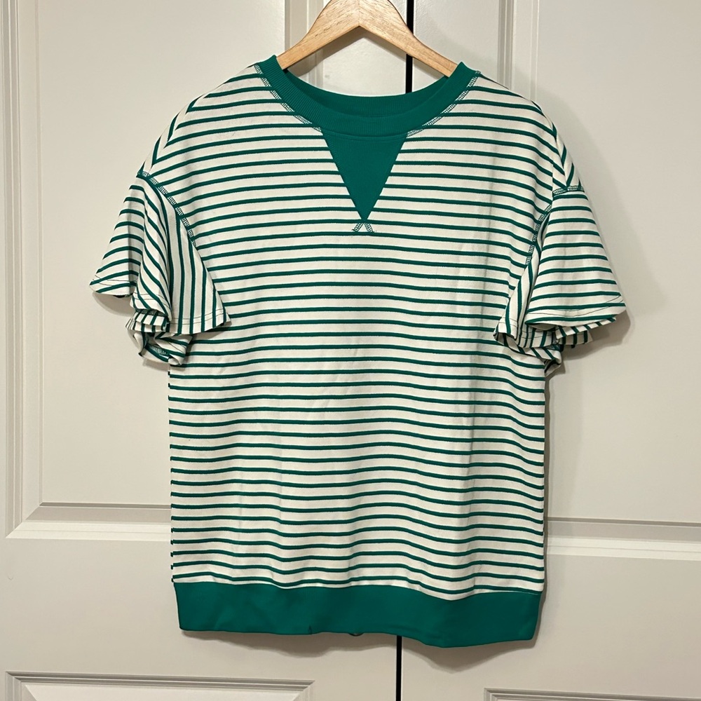 Green and White Striped Short Sleeve Top
